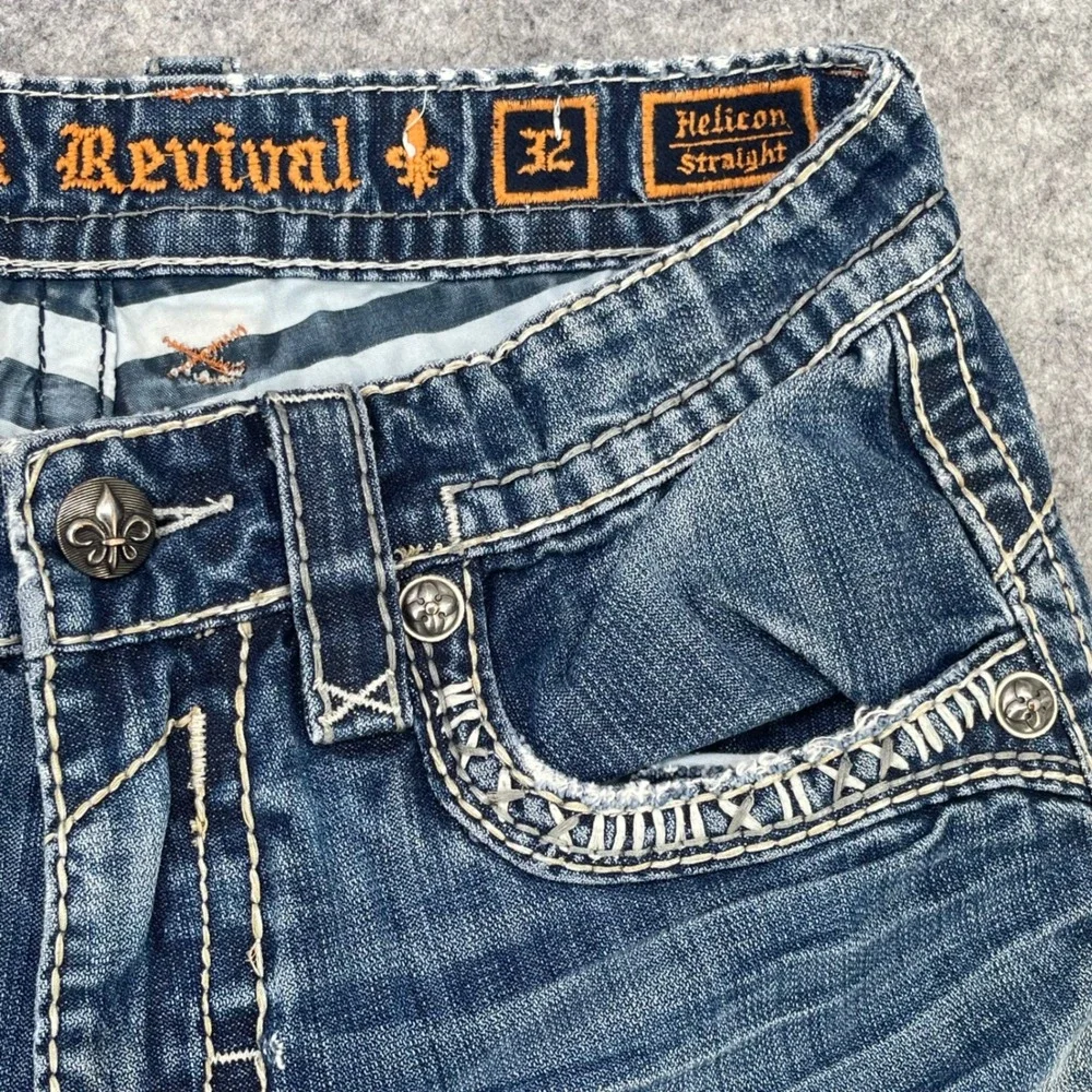 Rock Revival Helicon Jean Men 32x28 Blue Distressed Embroidered Straight Grunge